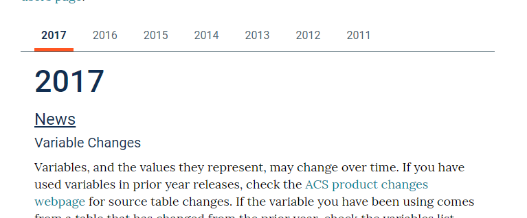 APIs page for the American Community Survey 1-Year Data zoomed into the years navbar