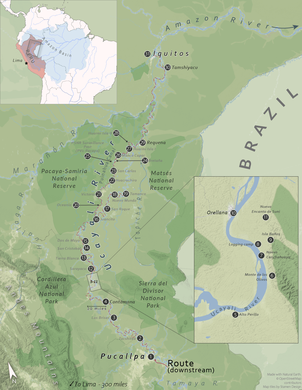 map of a route down the Ucayali and Amazon rivers from Pucallpa to Iquitos, June 2018